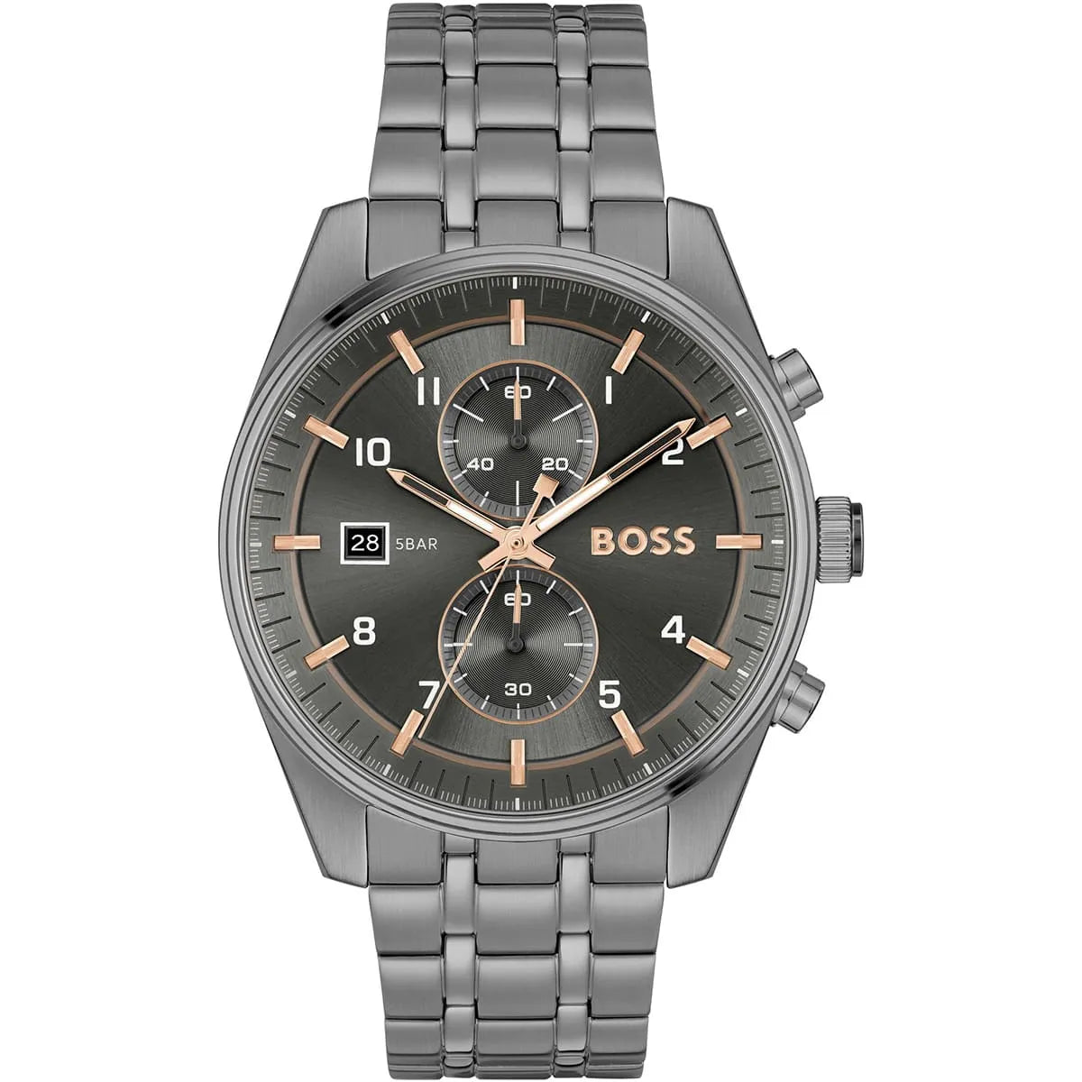 Hugo Boss Skytraveller chronograph watch with gray dial and stainless steel bracelet