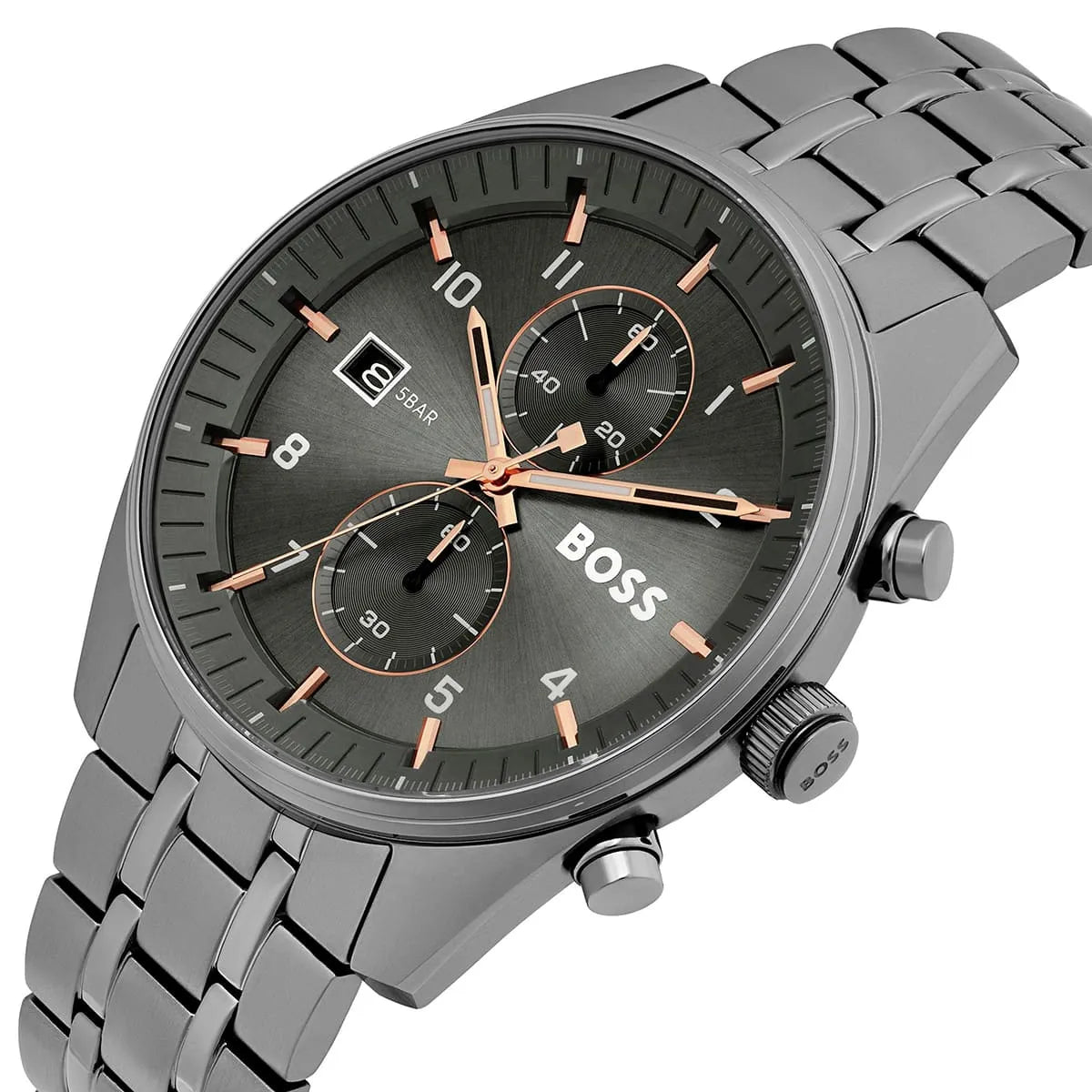 Hugo Boss Skytraveller chronograph watch on wrist showing side angle view