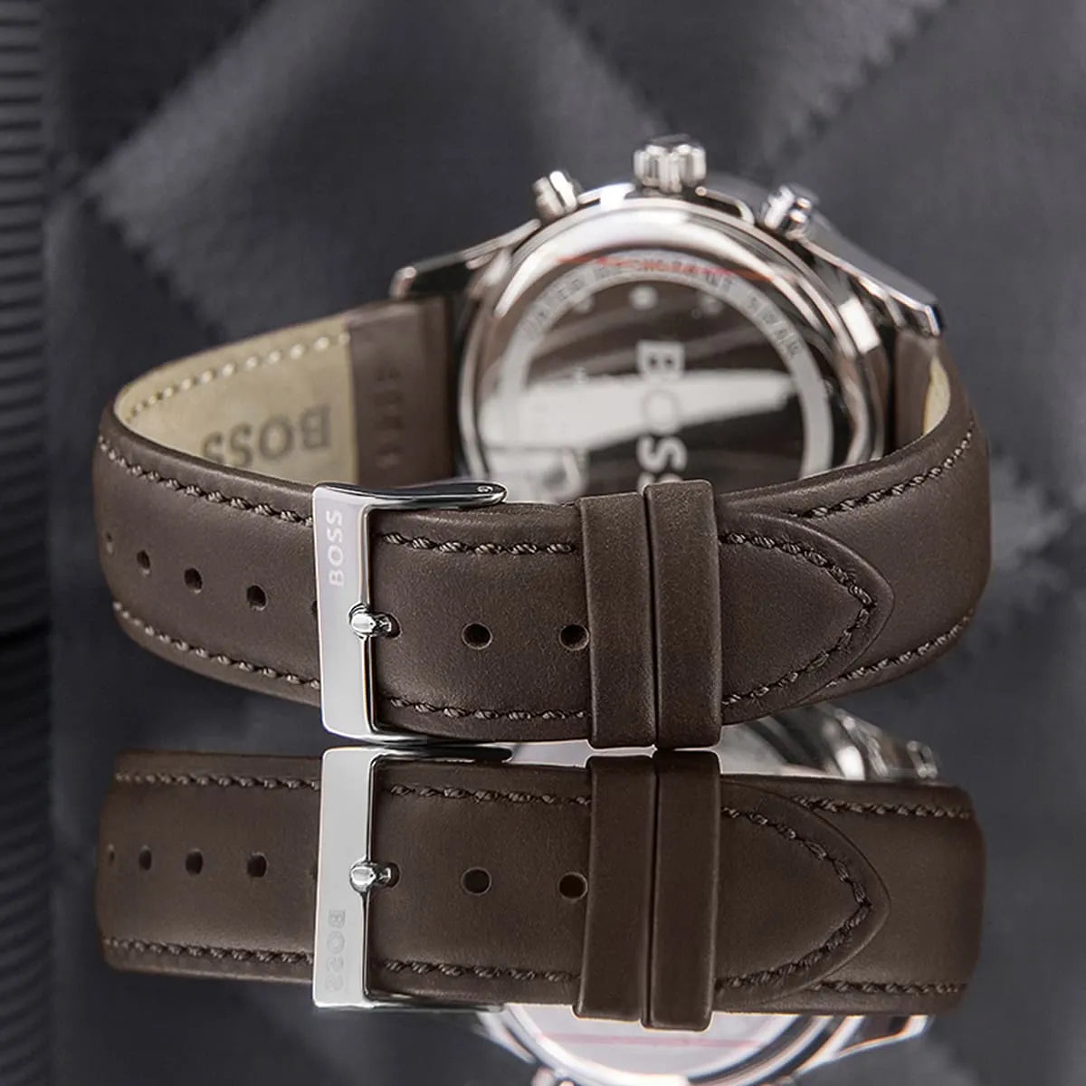 Hugo Boss Skymaster brown leather strap with white stitching and silver buckle detail