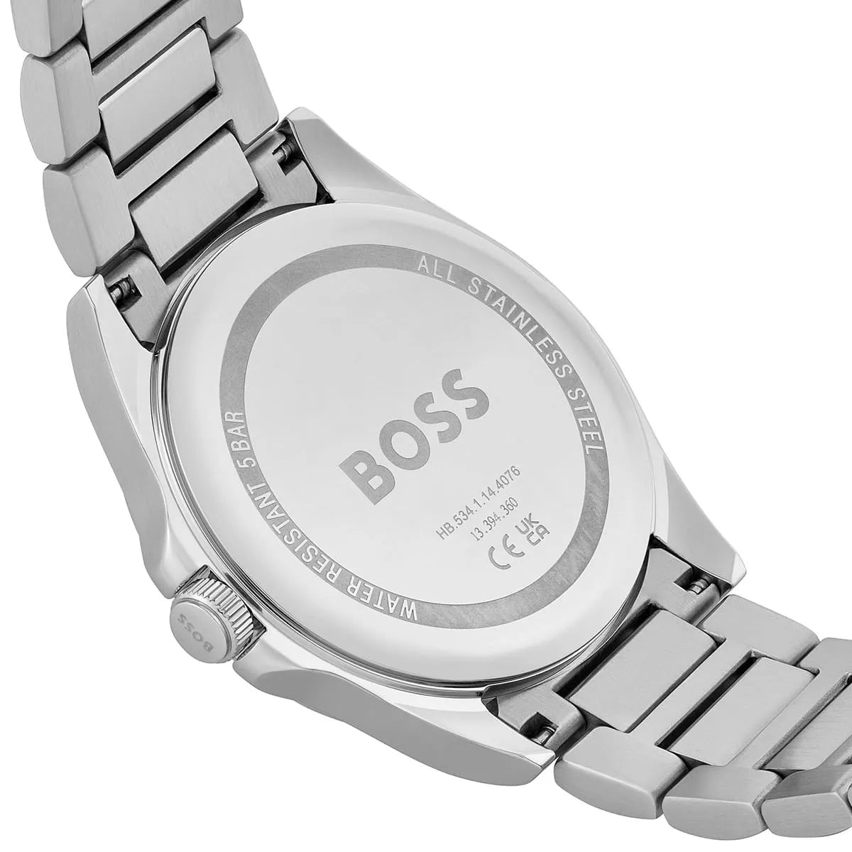 Hugo Boss Skymaster case back showing BOSS branding and water-resistant specifications