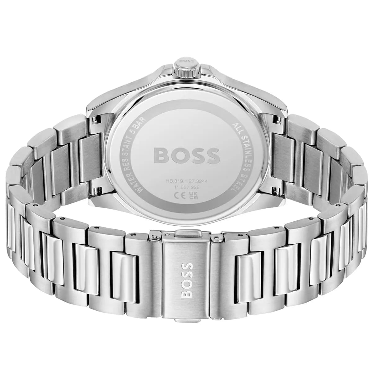 Hugo Boss Skymaster caseback with stainless steel bracelet attachment detail