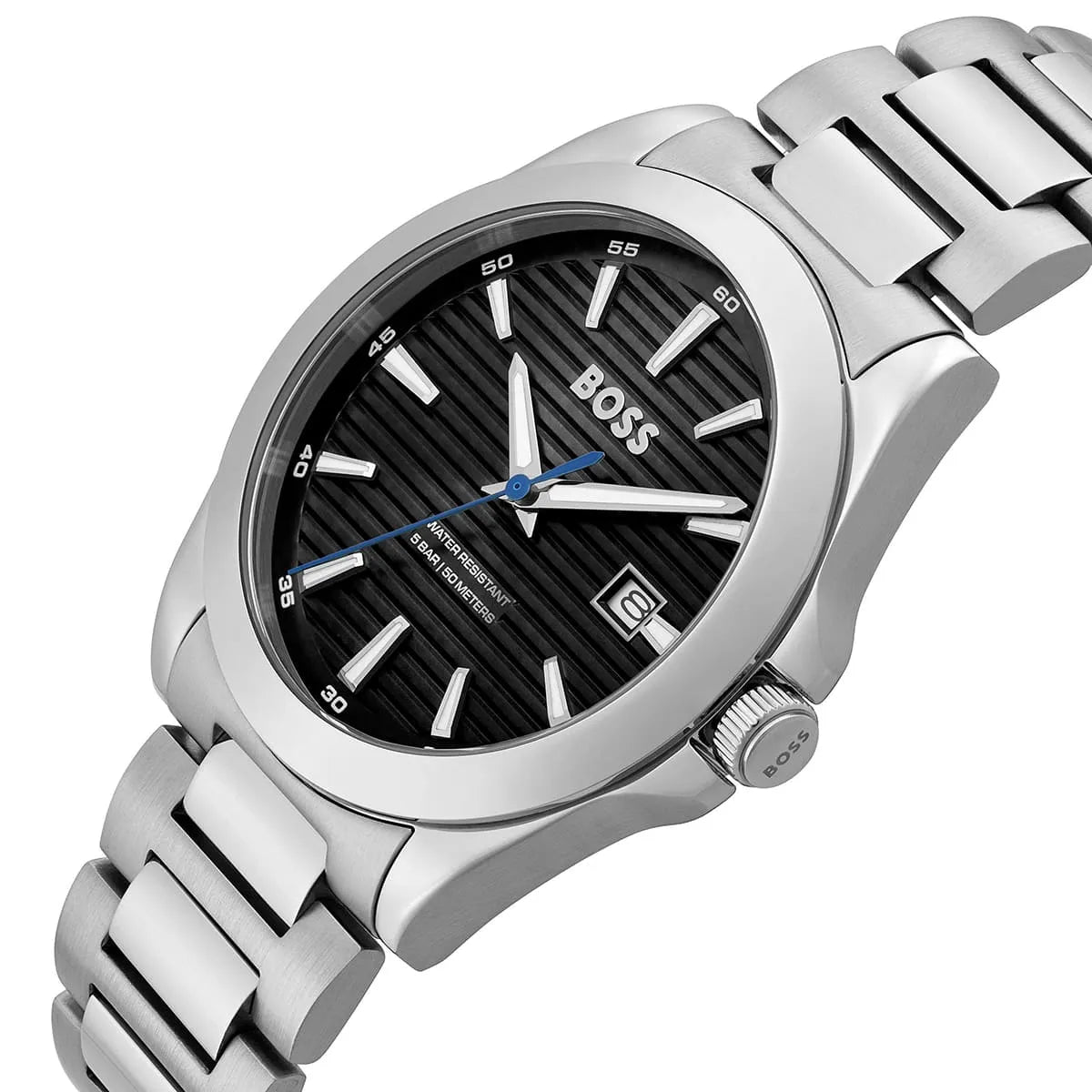 Hugo Boss Skymaster dial detail showing black textured face with white hour markers and date window