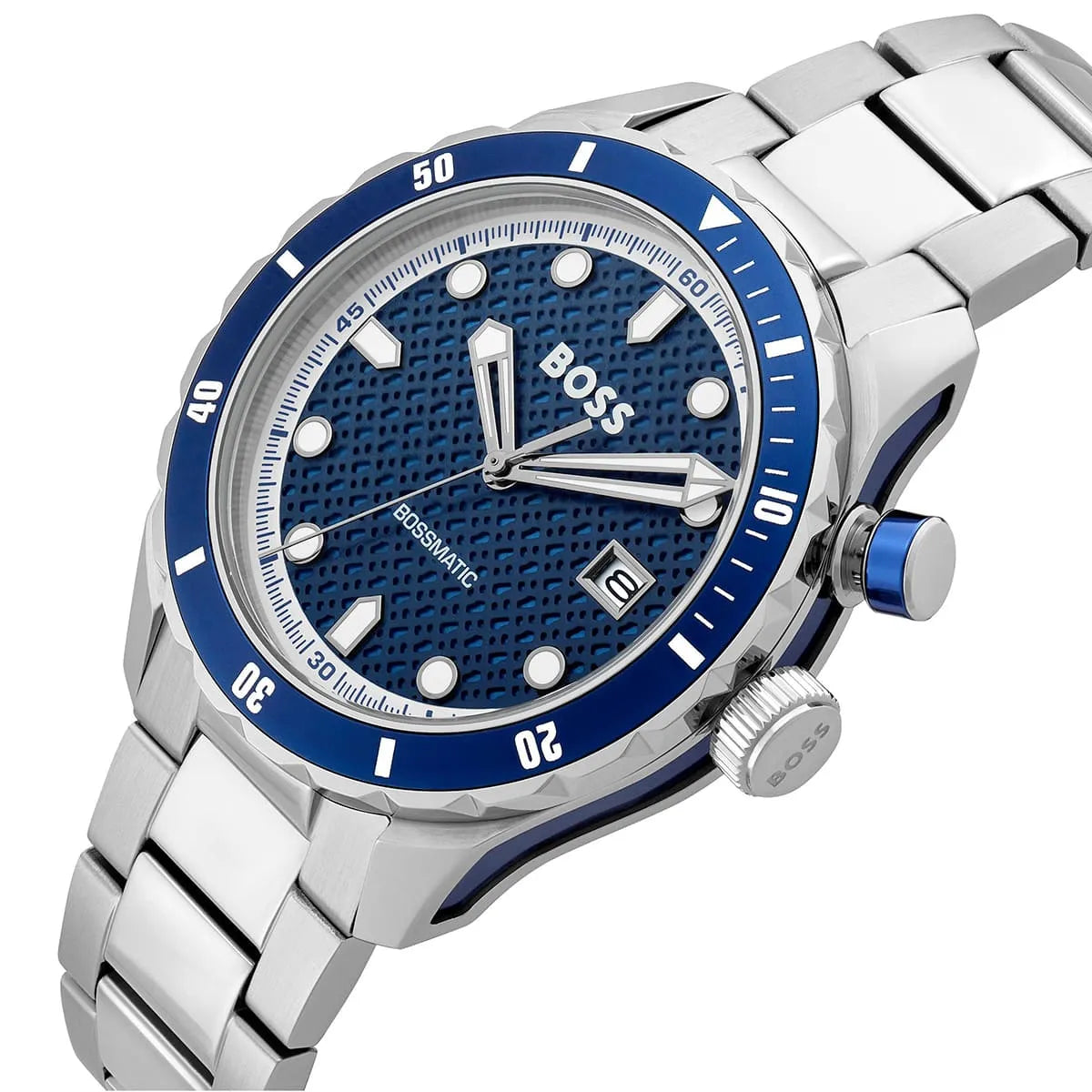 Hugo Boss Skymaster dial detail with blue patterned dial, applied indices, date window, and chronograph pushers