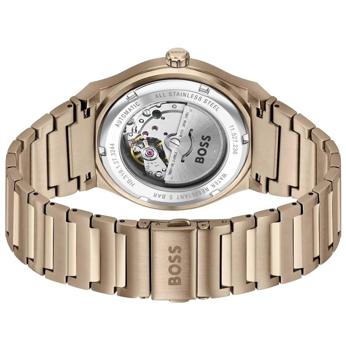 Hugo Boss Skymaster caseback displaying automatic movement and transparent exhibition back