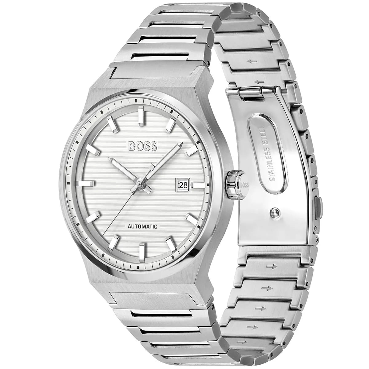 Hugo Boss 1514186 automatic watch showing bracelet clasp and profile view