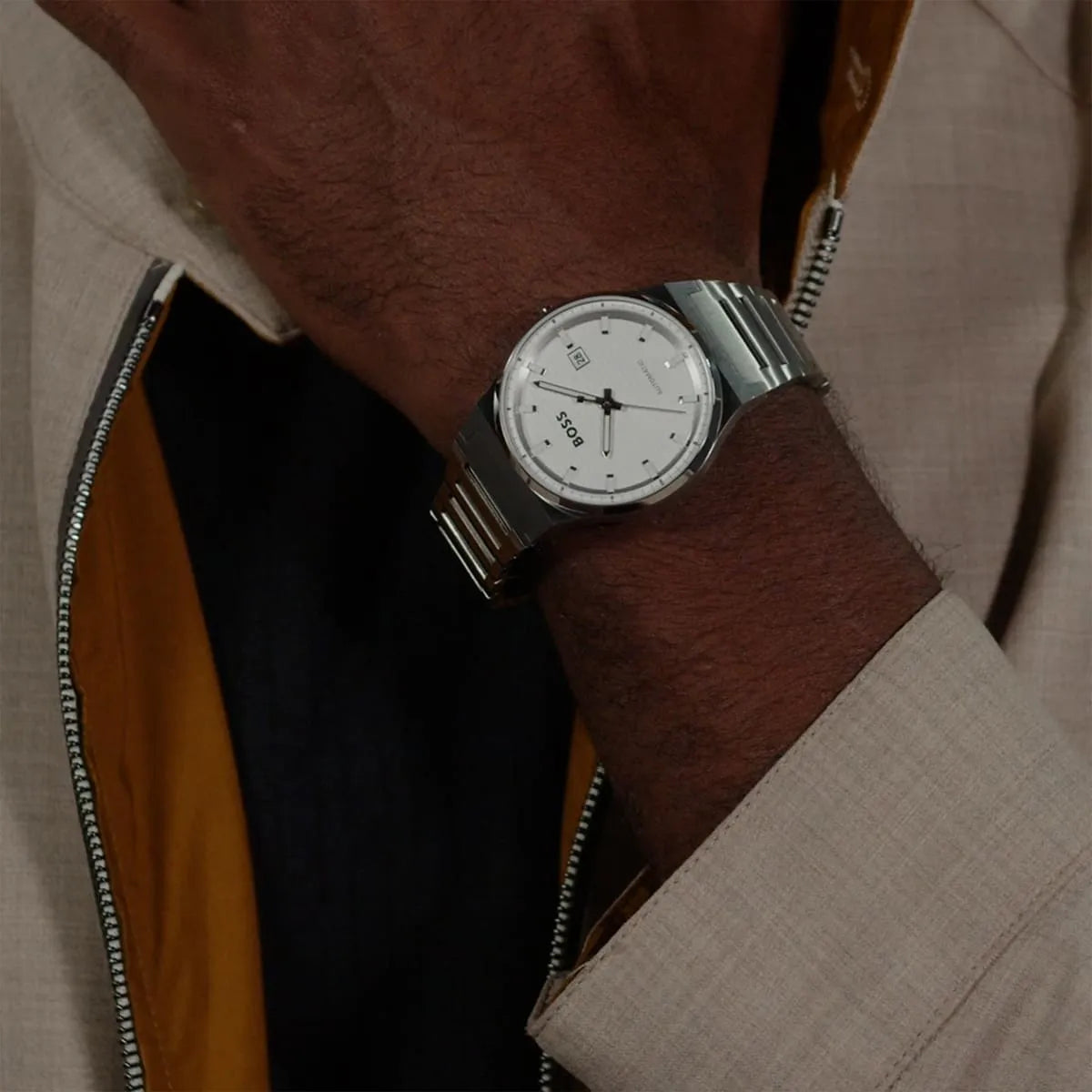 Hugo Boss 1514186 chronograph watch worn on wrist with white dial
