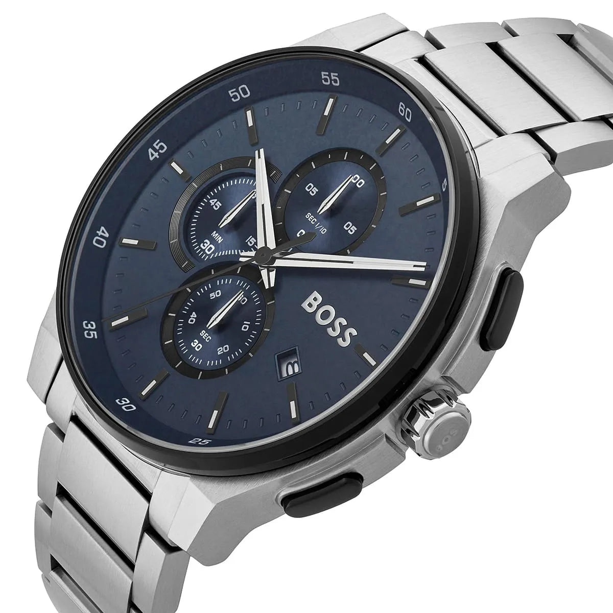 HUGO BOSS chronograph watch dial detail with blue face, subdials and silver hands