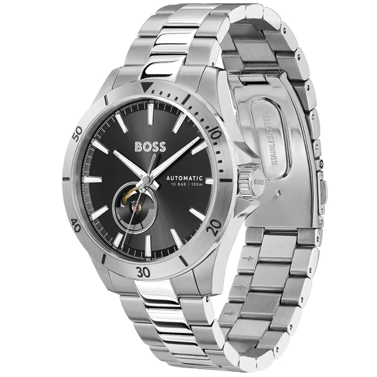 Hugo Boss Troper chronograph watch angled view showing black dial and metal bracelet