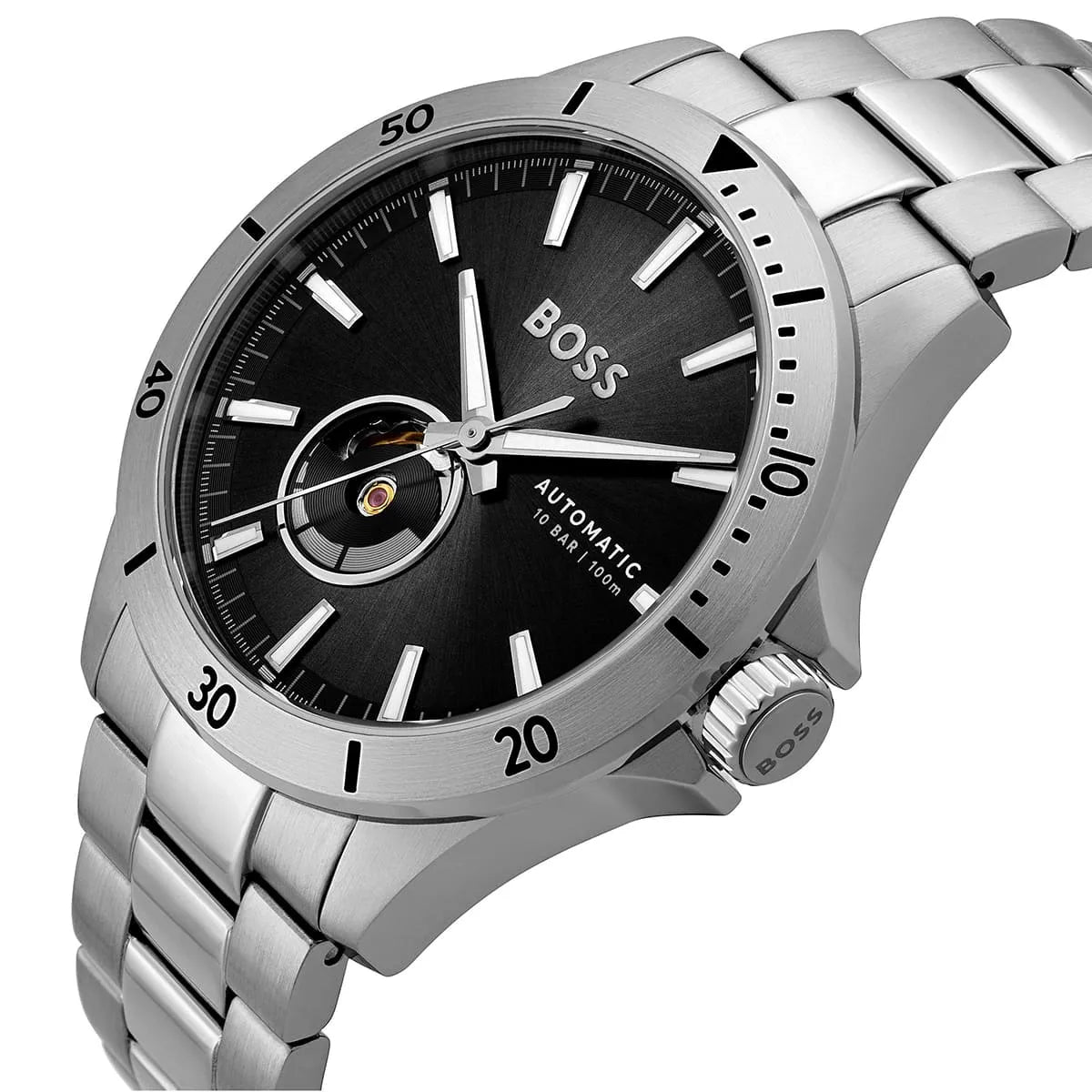 Hugo Boss Troper chronograph watch side profile with stainless steel bracelet