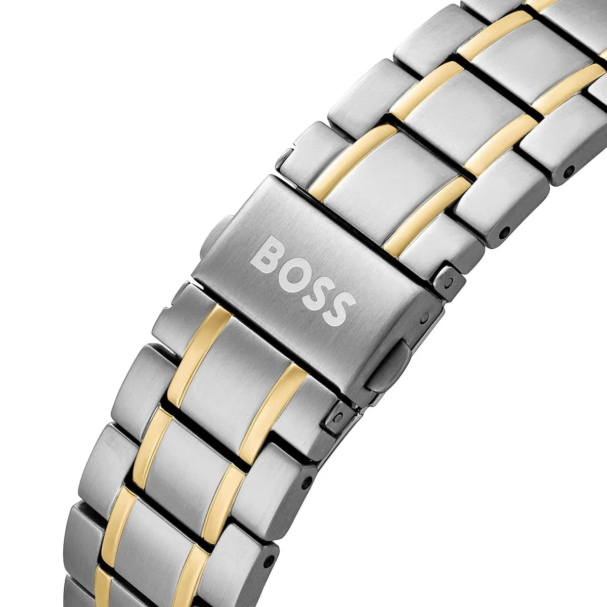 Hugo BOSS two-tone stainless steel bracelet with gold accents and BOSS clasp detail