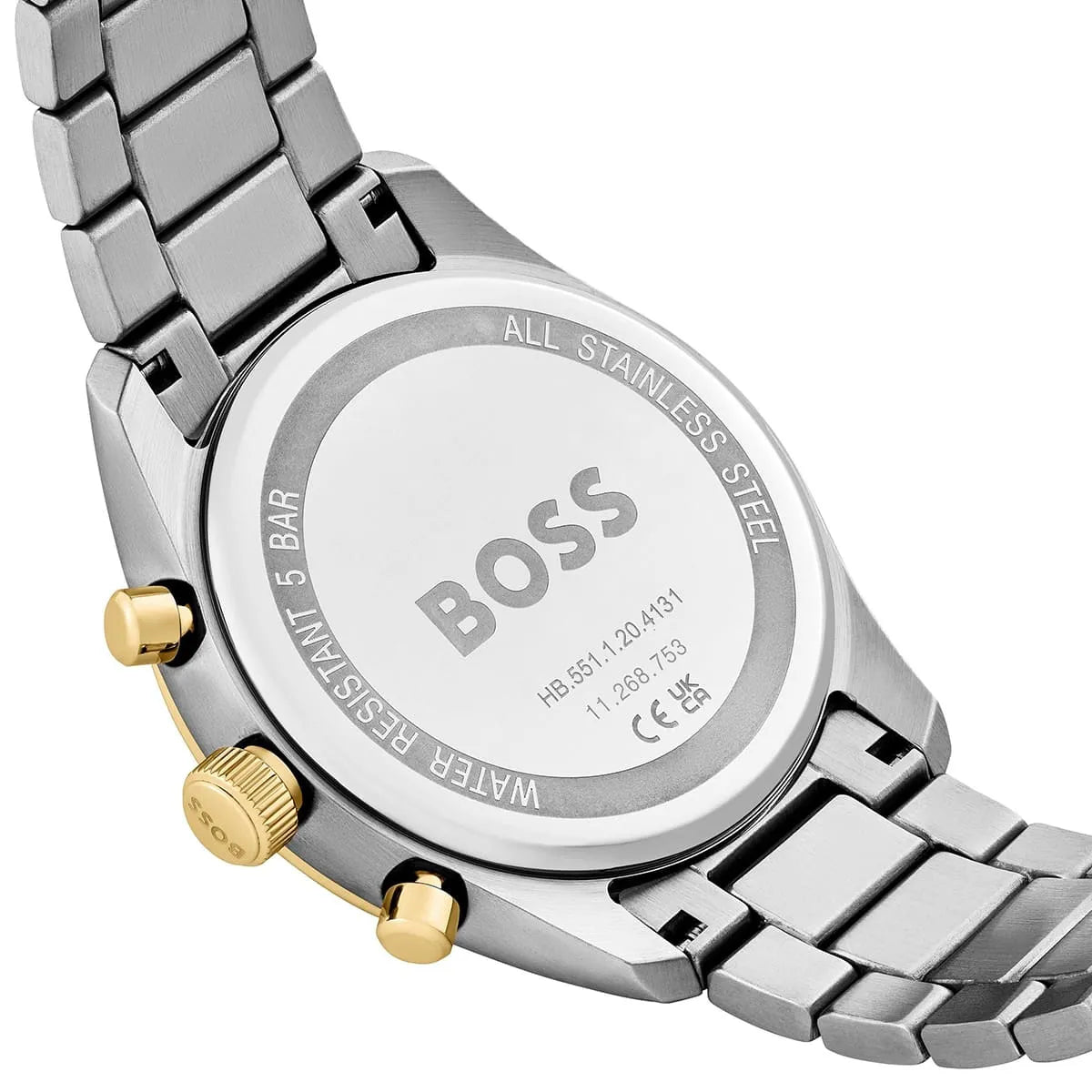 Close-up of Hugo BOSS Grand Prix caseback with stainless steel case and credentials