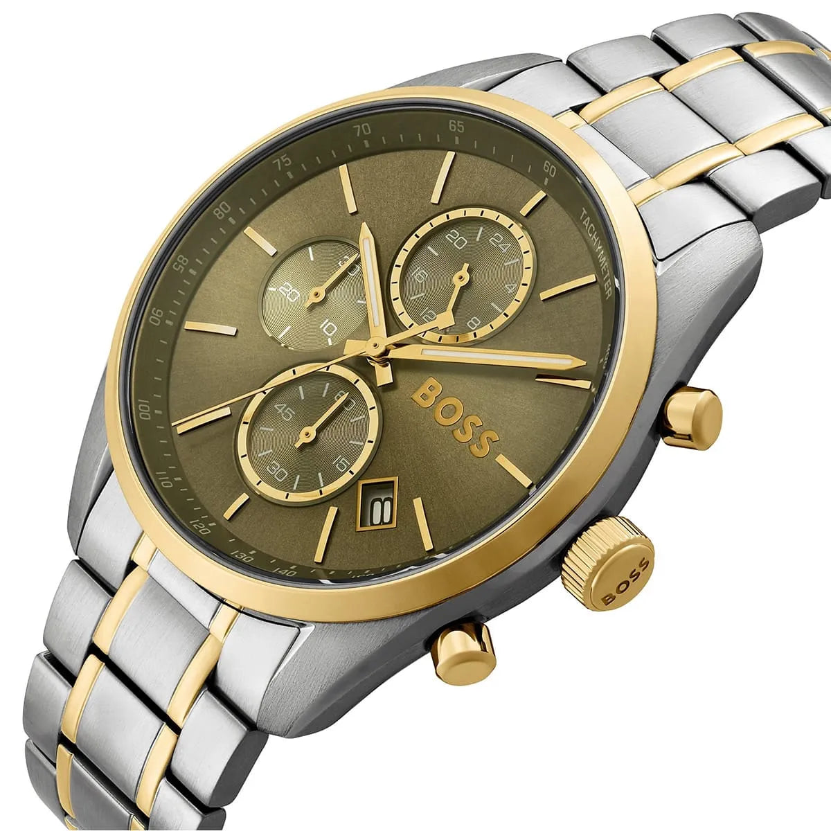 Side view of Hugo BOSS Grand Prix watch with two-tone metal bracelet and green dial