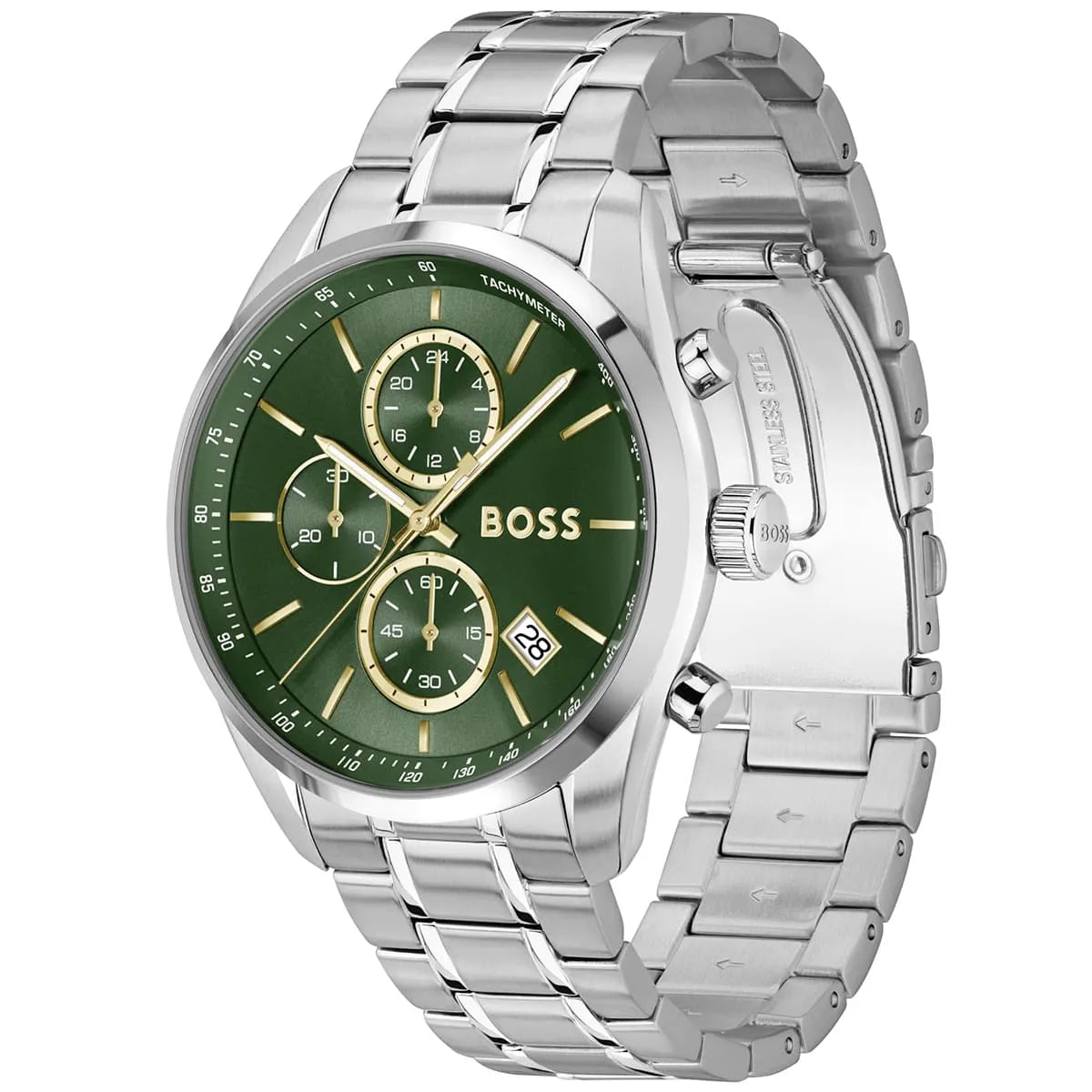 Hugo Boss Grand Prix chronograph watch at angle showing green dial with three subdials and silver metal bracelet