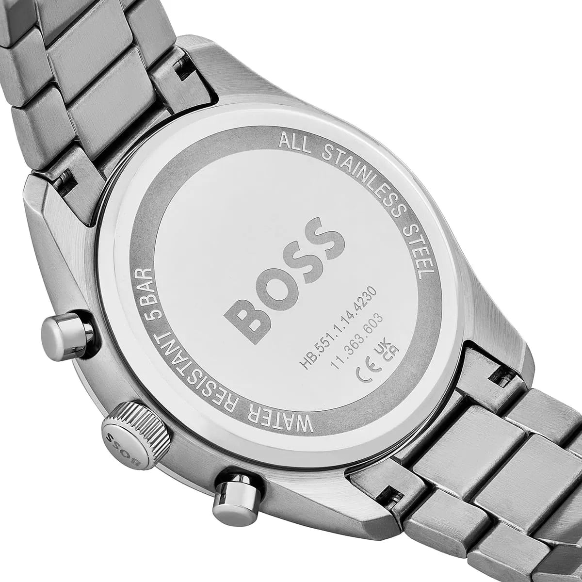 Hugo Boss stainless steel caseback with engraved branding and specifications