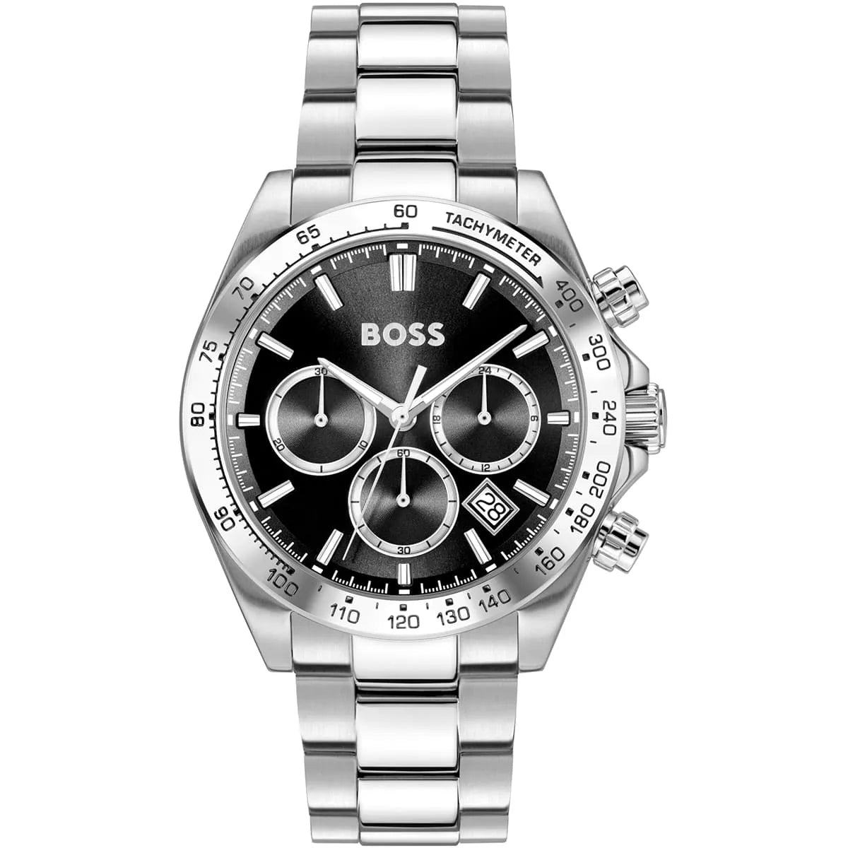Hugo Boss chronograph men's watch with black dial, three subdials, silver stainless steel bracelet