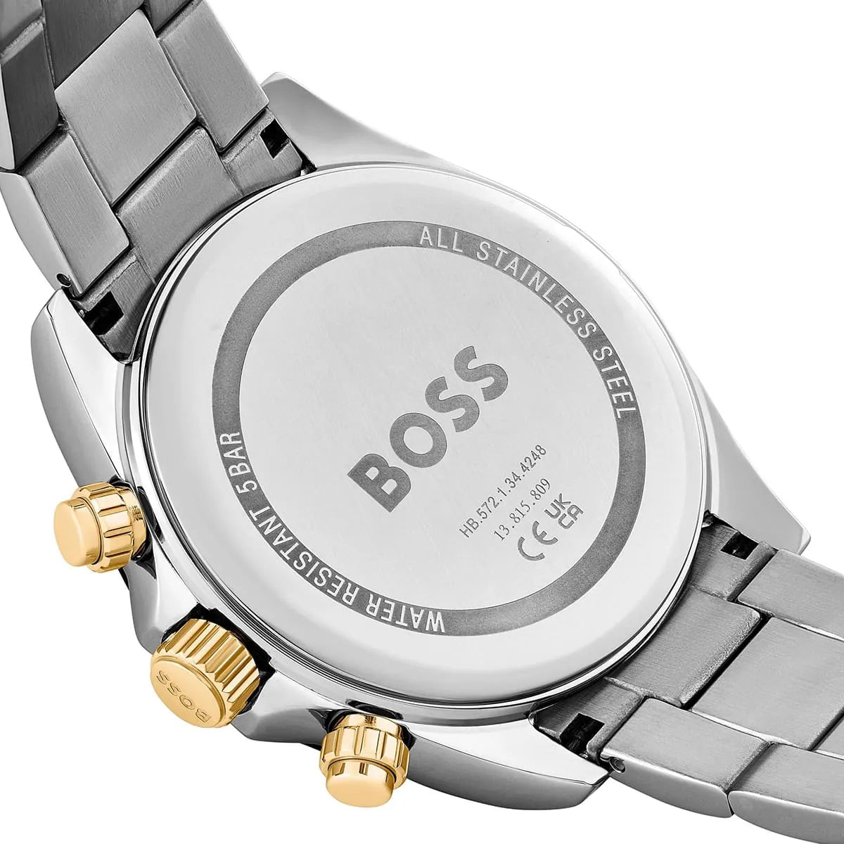 Close-up of Hugo Boss watch caseback with engraved logo and dial detail