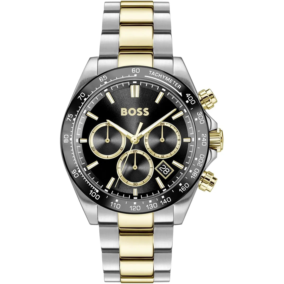 Hugo Boss chronograph men's watch with black dial, two-tone stainless steel and gold bracelet