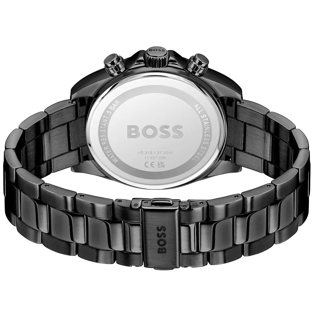 Hugo Boss watch caseback with stainless steel bracelet and logo detail