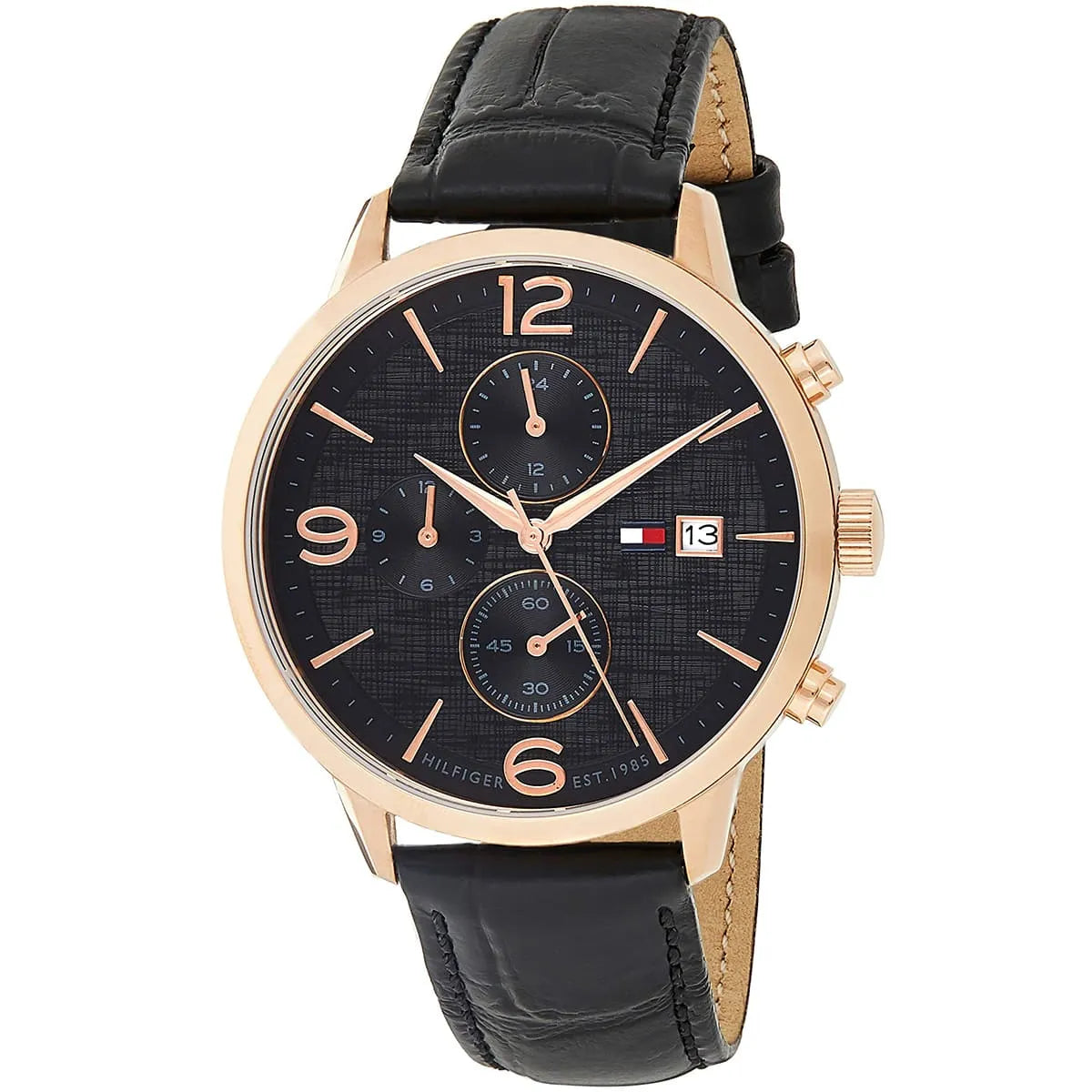 Tommy Hilfiger chronograph watch front angle view showing black leather strap and rose gold case