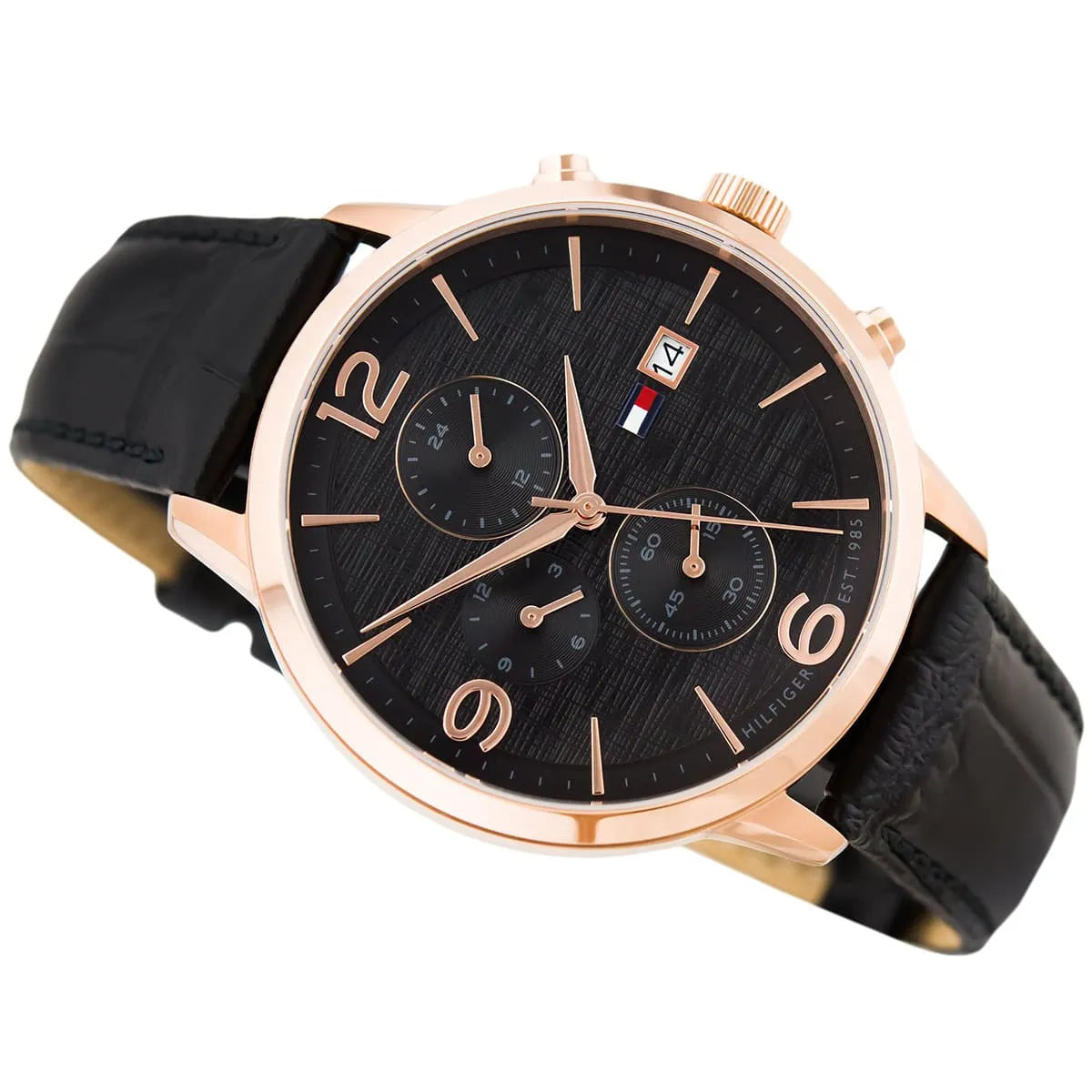 Tommy Hilfiger men's watch three-quarter view showing dial, case, and leather strap