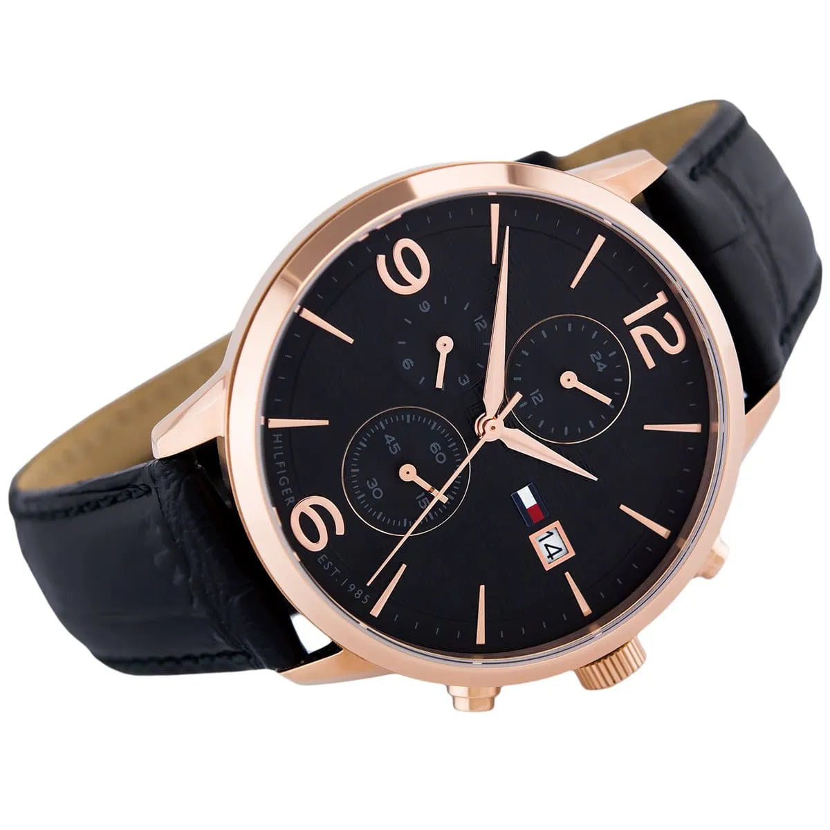 Close-up front view of Tommy Hilfiger chronograph watch black dial with subdials