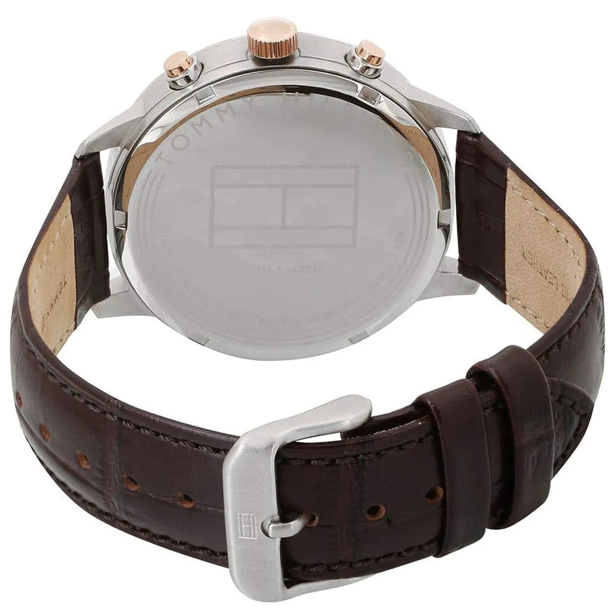 Caseback of Tommy Hilfiger 1710360 showing stainless steel case with engraved logo