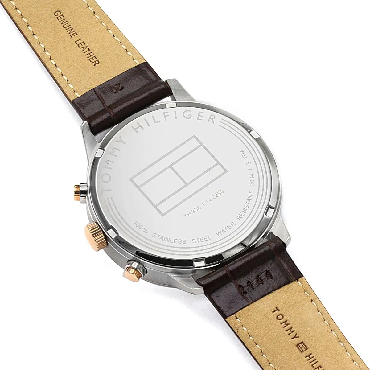 Close-up detail of Tommy Hilfiger 1710360 caseback and brown leather strap