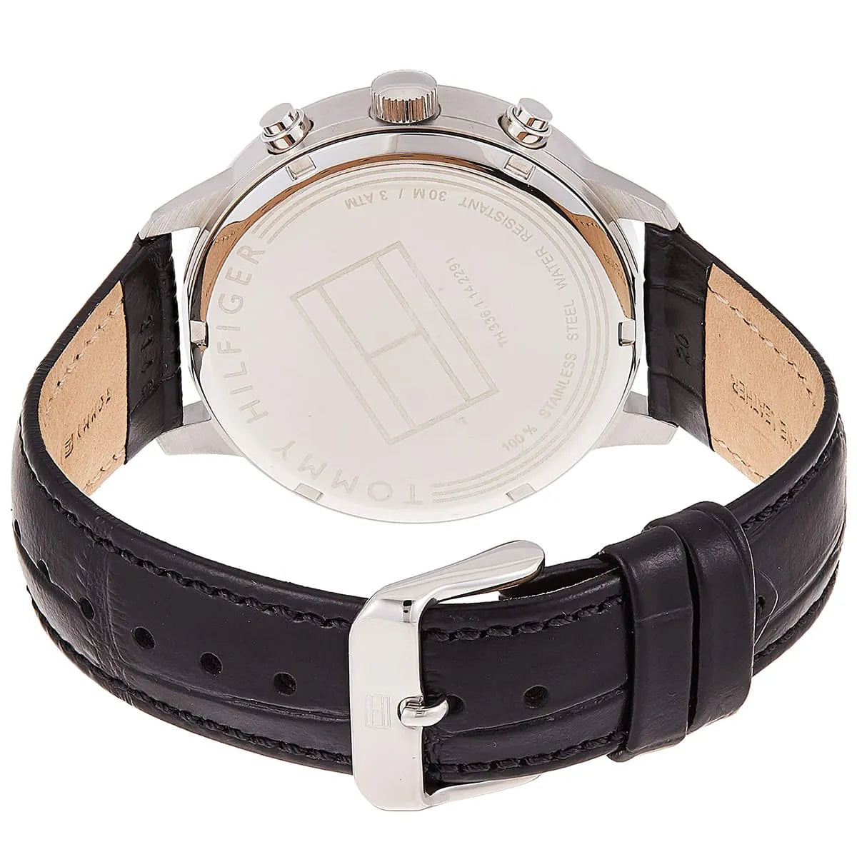 Tommy Hilfiger Liam watch caseback showing stainless steel with engraved details