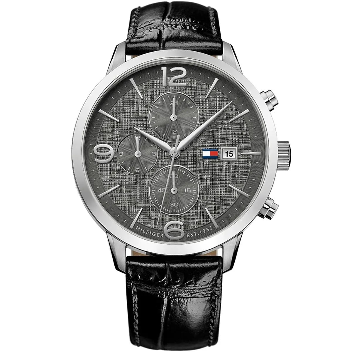 Tommy Hilfiger Liam men's chronograph watch with gray dial, date window, and black leather strap
