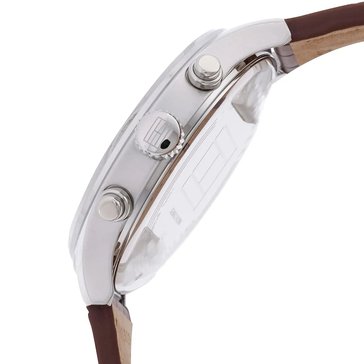 Side view of Tommy Hilfiger Sawyer watch showing stainless steel case and pushers