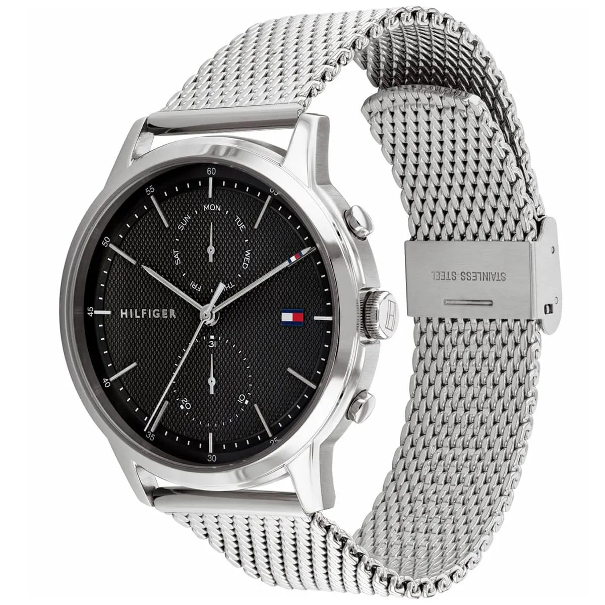 Tommy Hilfiger 1710433 watch at angle showing black dial and mesh band