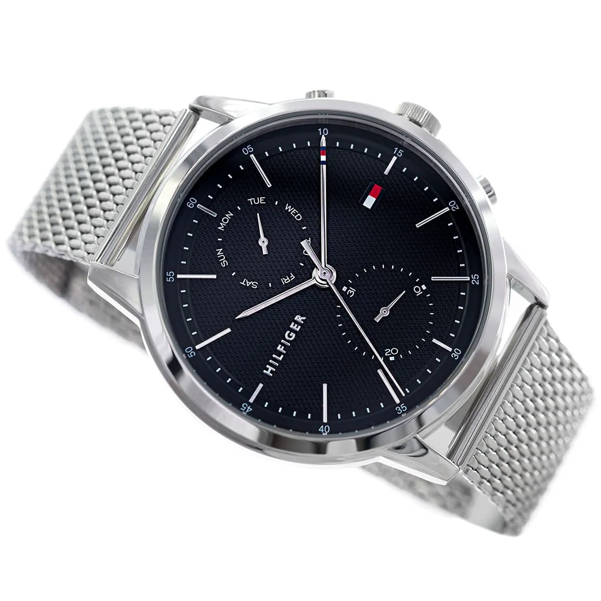 Close-up of Tommy Hilfiger 1710433 black dial with chronograph subdials