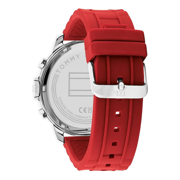 Side view of Tommy Hilfiger Luca watch case back and red rubber strap
