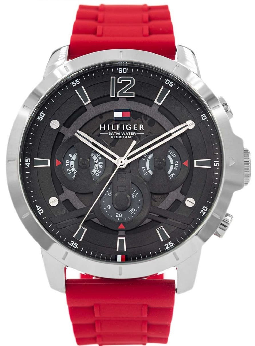 Tommy Hilfiger Luca men's watch with black chronograph dial, silver case, and red rubber strap