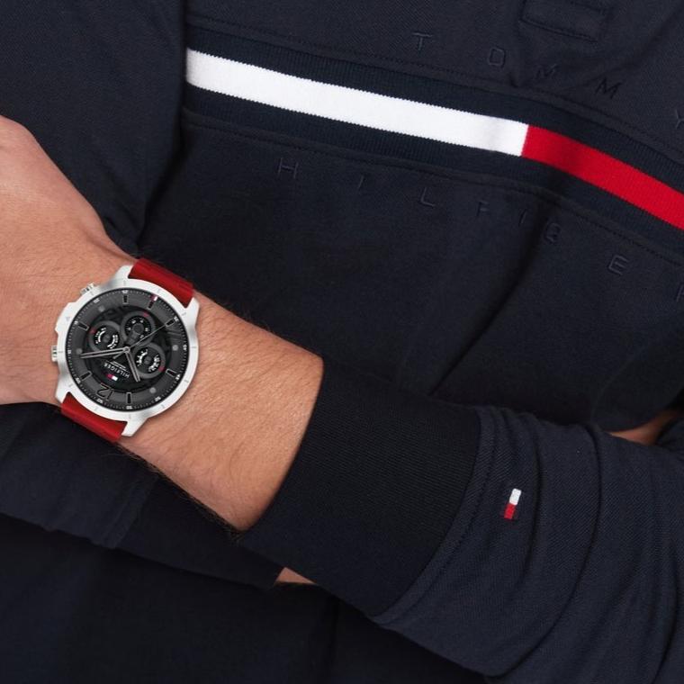 Tommy Hilfiger Luca chronograph watch on wrist showing dial and red strap