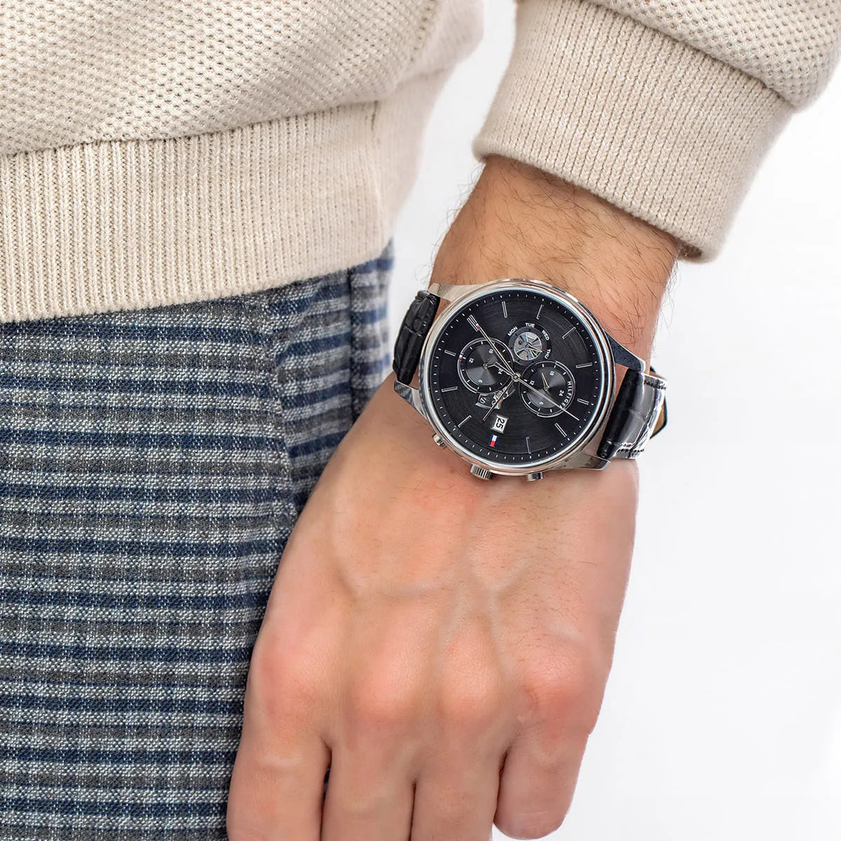 Tommy Hilfiger 1710502 chronograph watch on wrist with casual styling