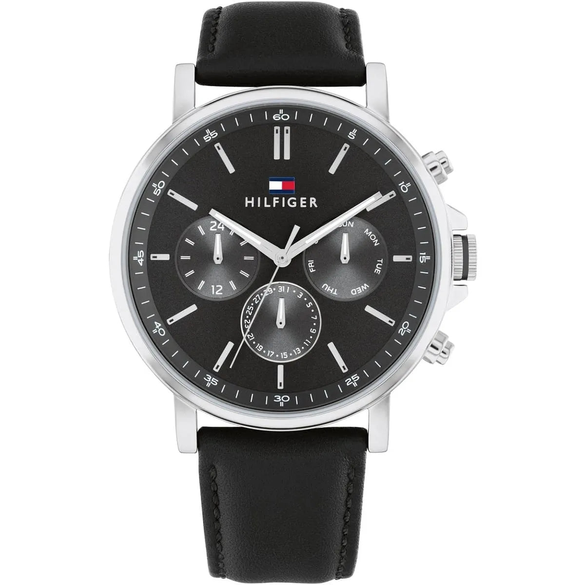Tommy Hilfiger chronograph men's watch with dark grey dial, silver case, and black leather strap