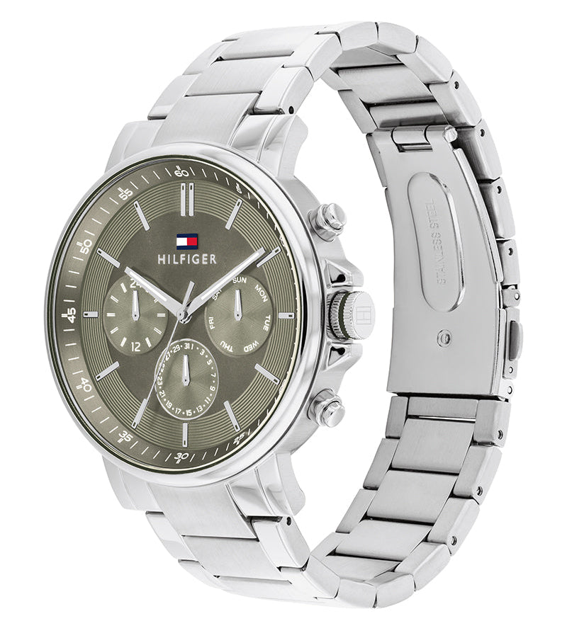 Tommy Hilfiger Tyson chronograph watch shown from side angle with silver steel bracelet
