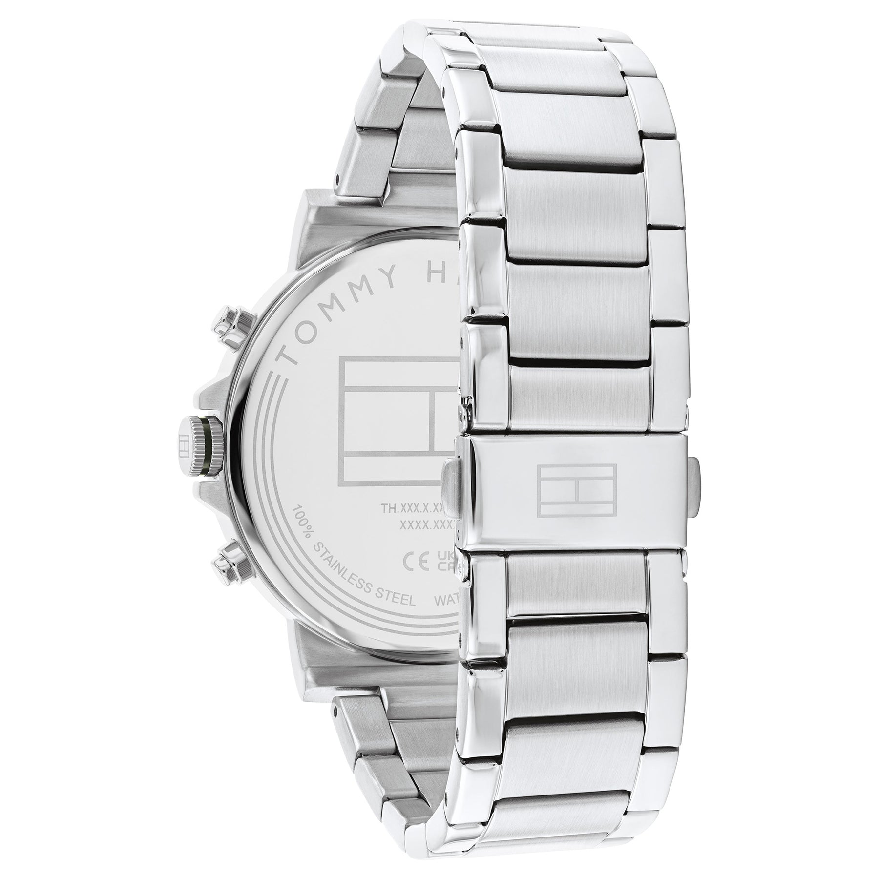 Case back of Tommy Hilfiger Tyson watch showing silver steel case with engraved branding
