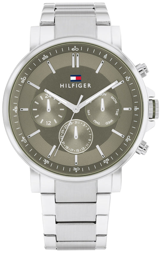 Tommy Hilfiger Tyson chronograph watch with green dial and silver steel bracelet