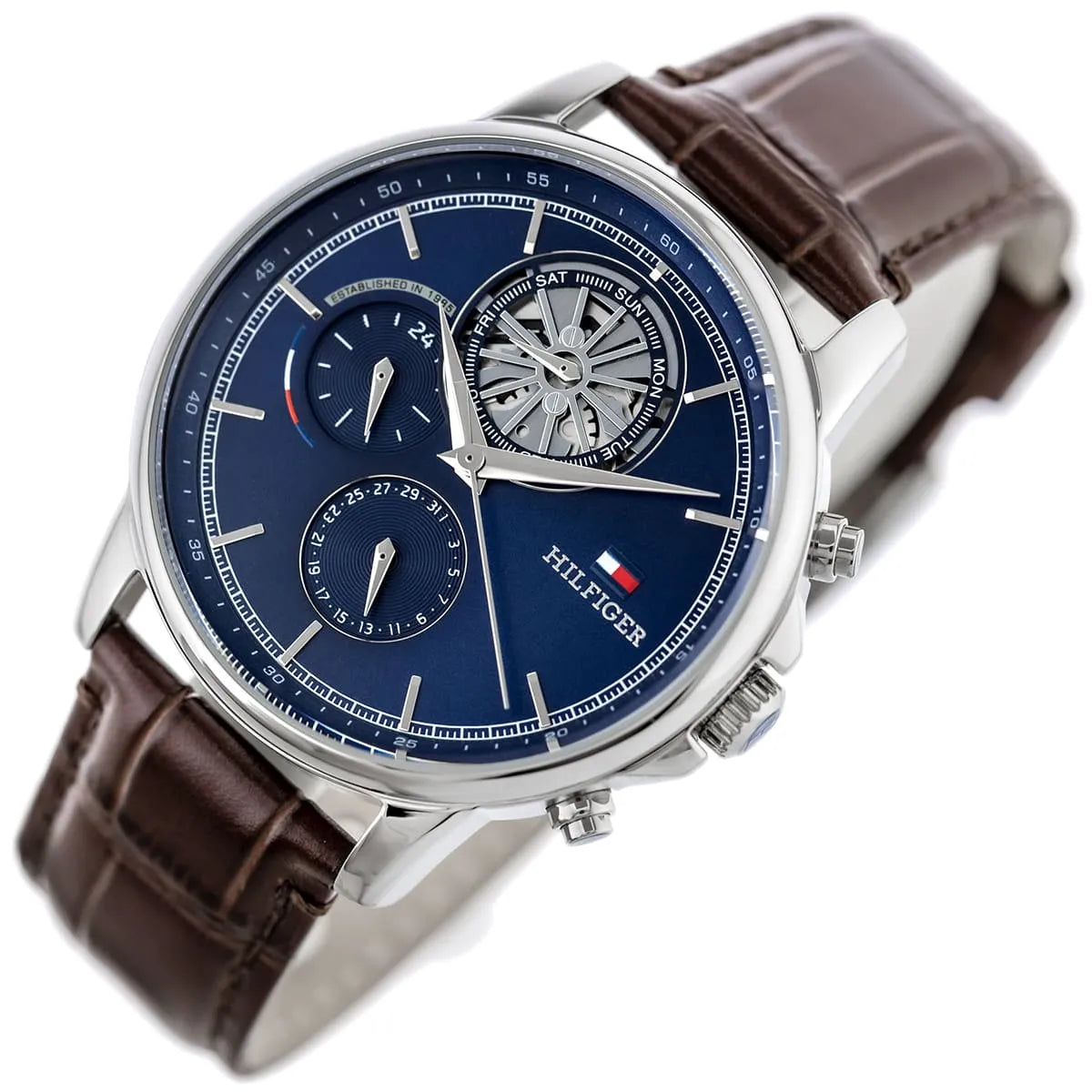 Tommy Hilfiger Stewart chronograph watch angled view with navy dial and brown leather band