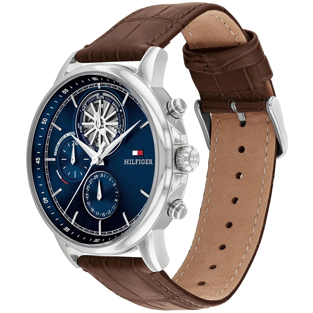 Tommy Hilfiger Stewart watch side angle showing brown crocodile leather strap and silver case