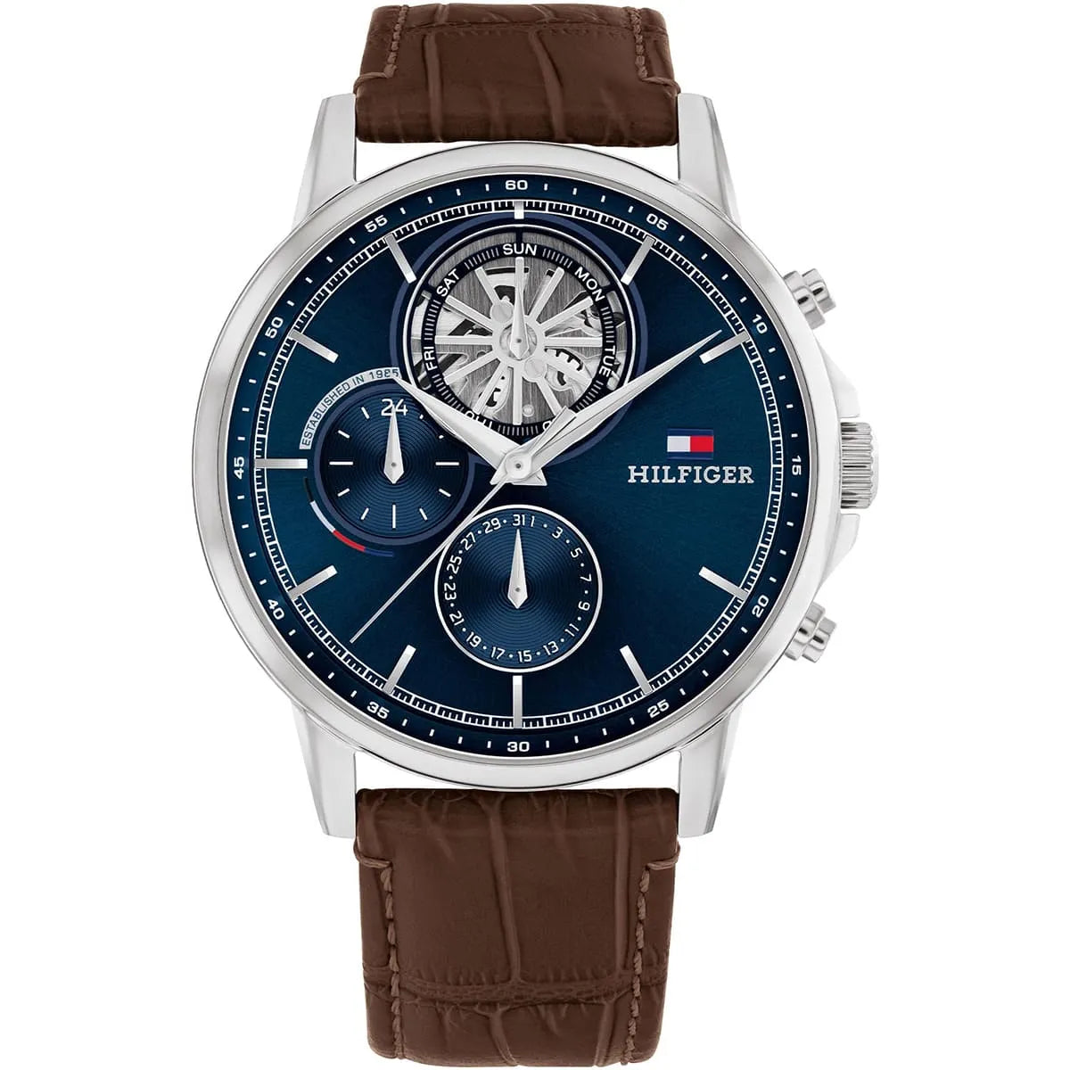 Tommy Hilfiger Stewart men's watch with navy multifunction dial and brown leather strap