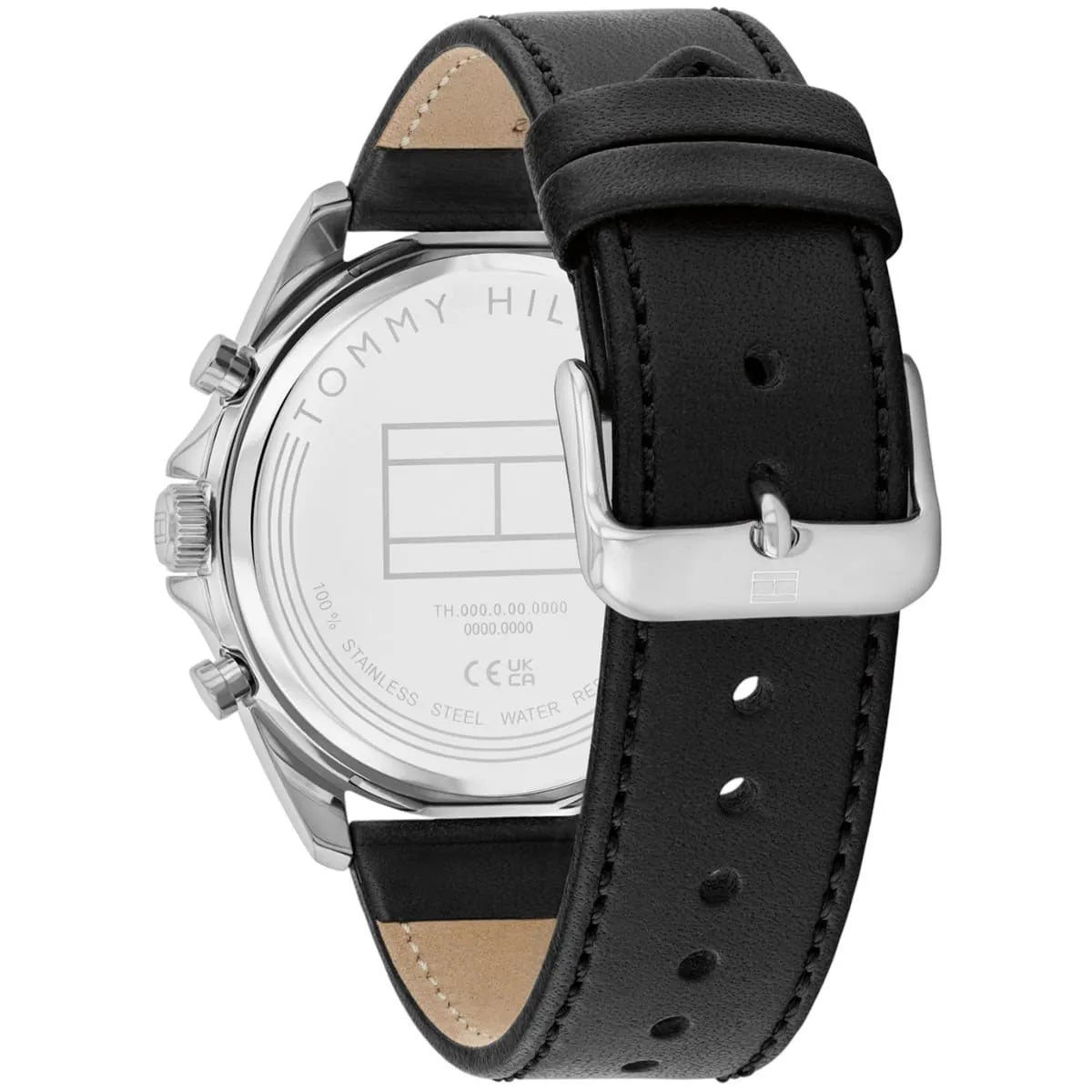 Caseback of Tommy Hilfiger Damon watch showing transparent case back with movement visible and specifications