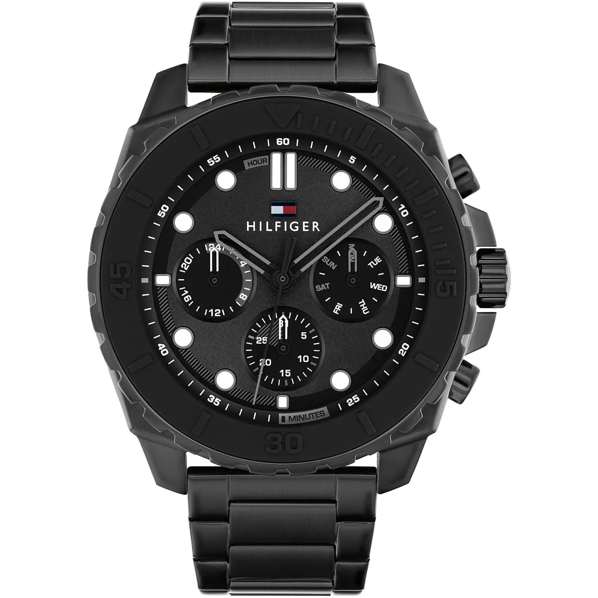 Tommy Hilfiger black chronograph watch with black dial and steel bracelet