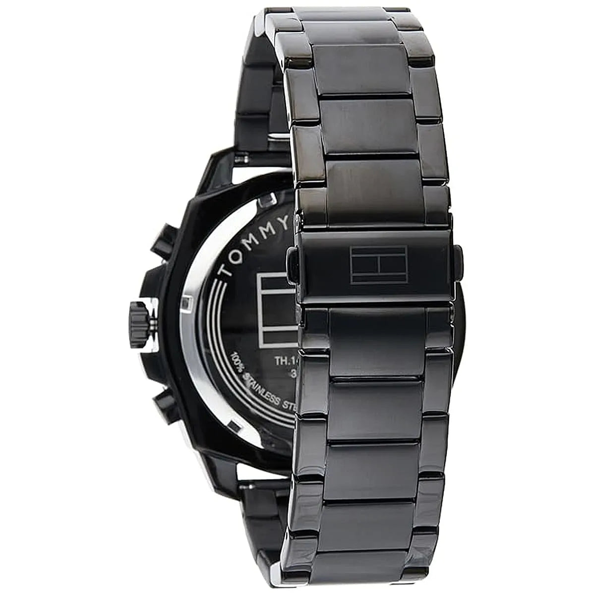 Tommy Hilfiger black steel bracelet with push-button clasp on chronograph watch