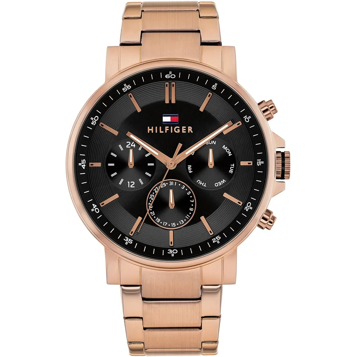 Tommy Hilfiger Tyson men's chronograph watch with black dial and rose gold metal bracelet