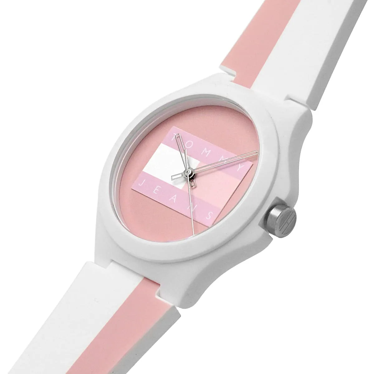 Tommy Hilfiger Jeans watch angled view highlighting three-hand analog dial and color-block strap