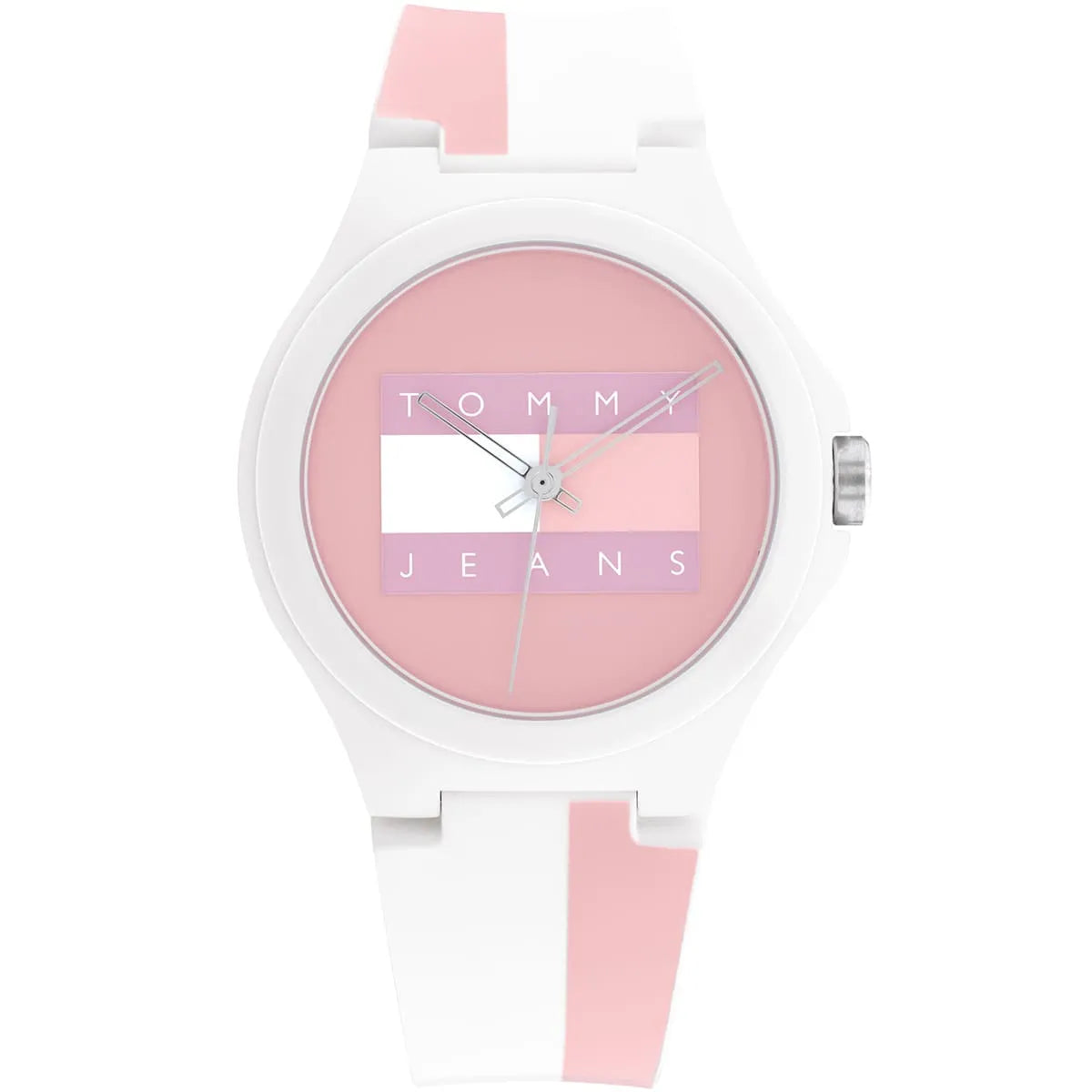 Tommy Hilfiger Jeans watch with pink dial, white case, and white and pink rubber strap