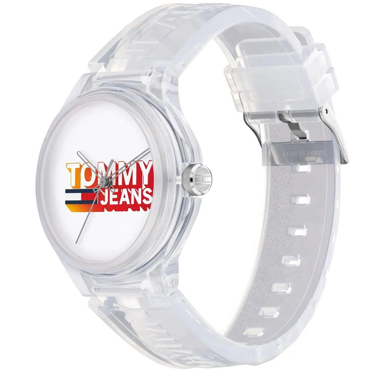 Tommy Hilfiger Jeans watch three-quarter view showing white dial and transparent rubber strap